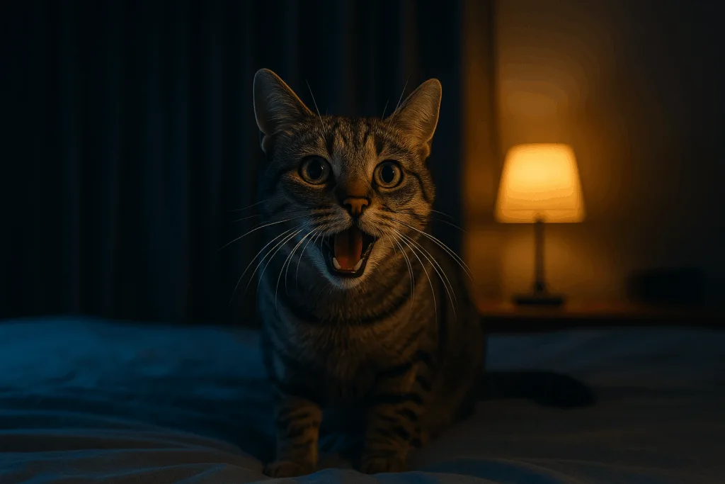 Getigerte Katze miaut nachts auf dem Bett im Schlafzimmer bei Lampenlicht